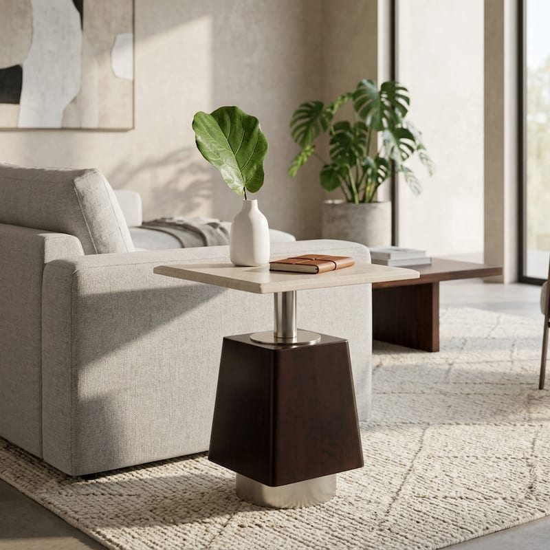 Geometric Wood and Marble Side Table - 21", Brown & Ivory - 20.75"