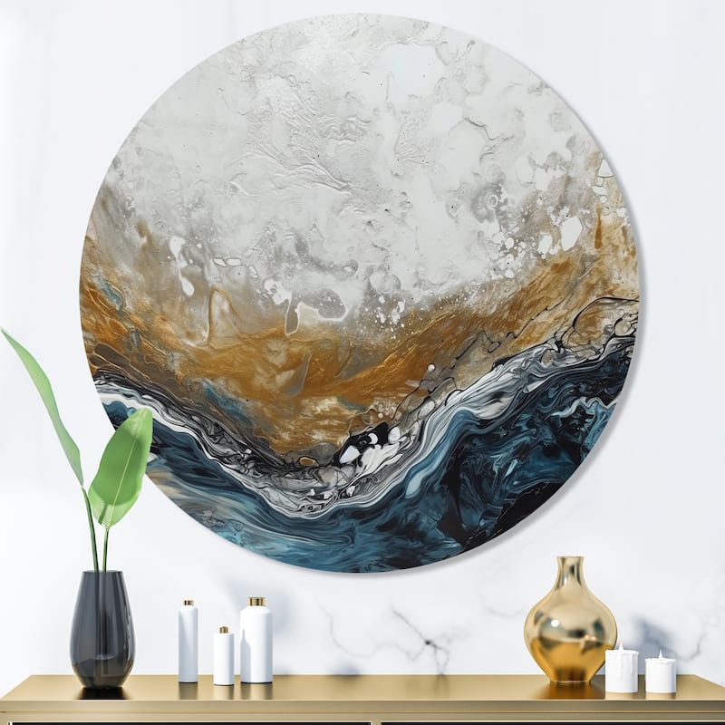 Designart "Grey Gold Modern Abstract Contemporary II" Abstract Marble Metal Round Wall Art - 36x36 - Disc of 36 Inch