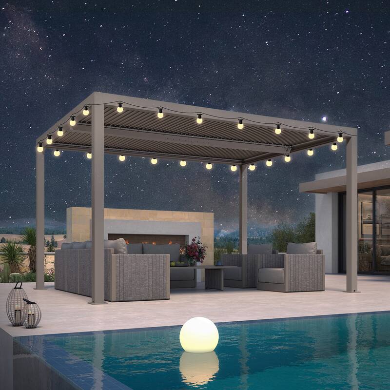 PURPLE LEAF Louvered Pergola with Solar Lights Hardtop Gazebo for Patio - 10' x 13' - Champagne