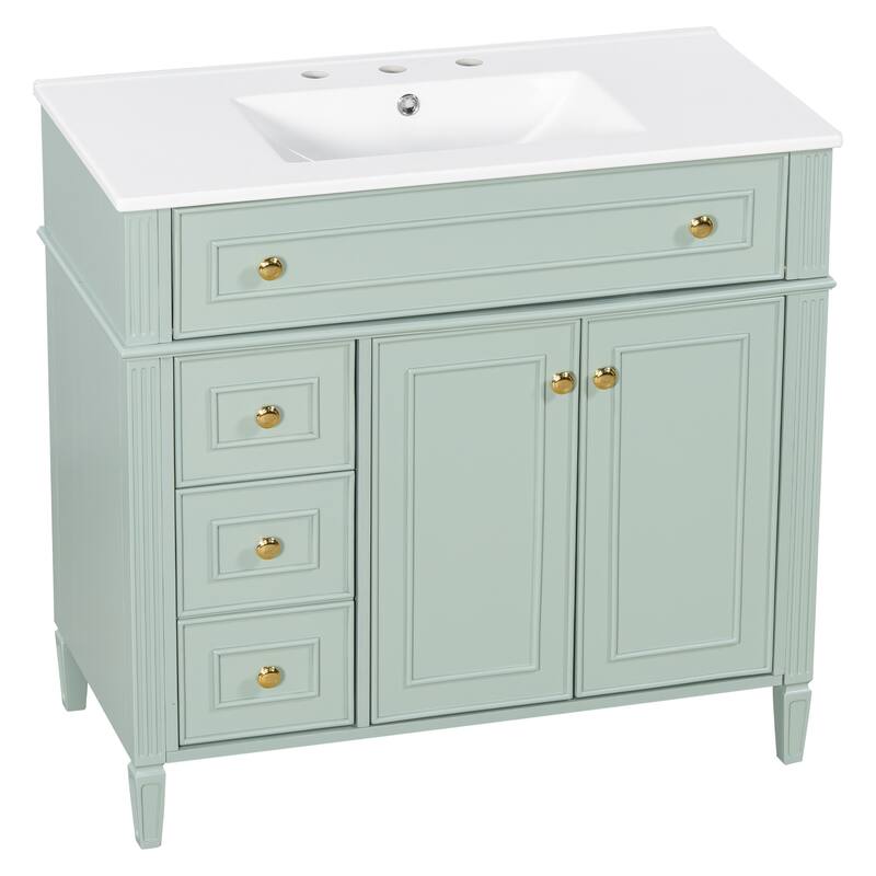 Roomfitters 36" Bathroom Vanity with Sink, Solid Wood Frame, Flip-Out Drawer, 3 Drawers & Soft-Close Doors