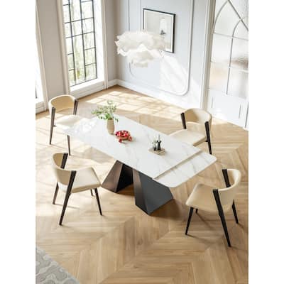 Contemporary White Rectangular Extendable Stone Dining Table with Black Base