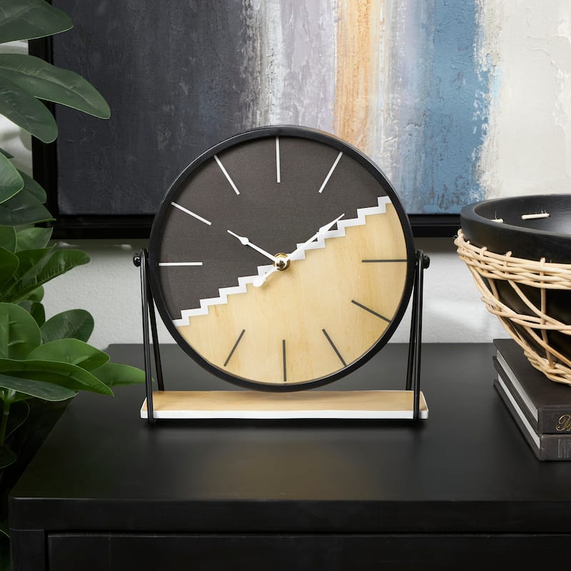 Black Wooden Geometric Decorative Clock with Brown Wood Accents