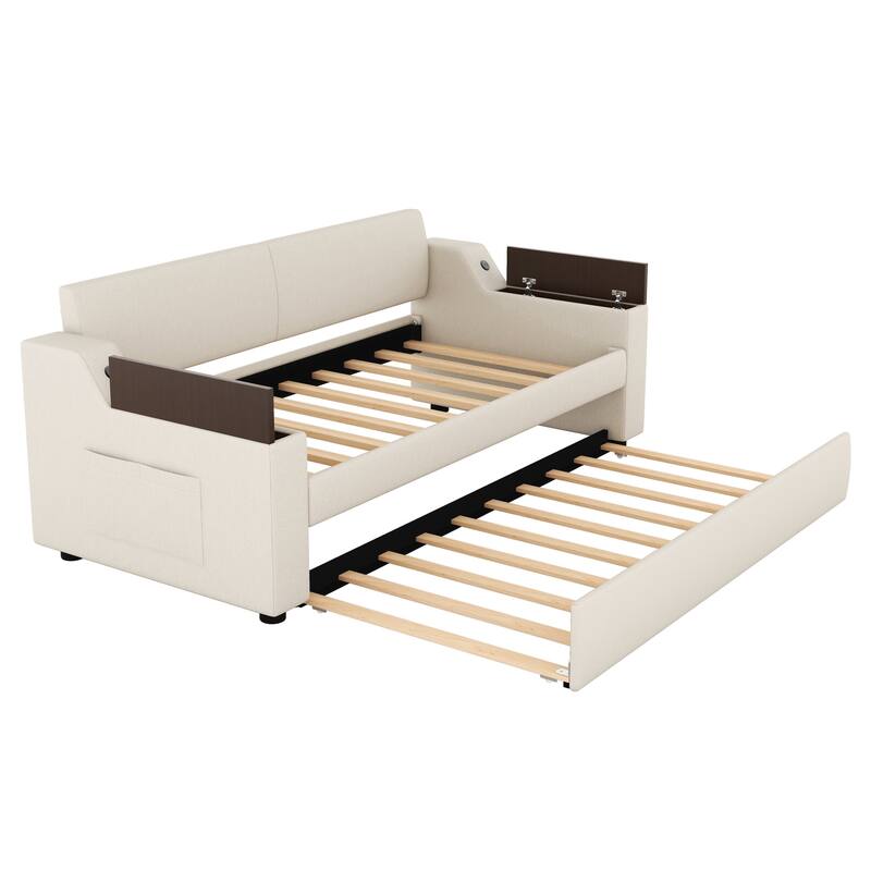 Twin Size Upholstery Daybed with Storage Arms, Trundle and USB Design