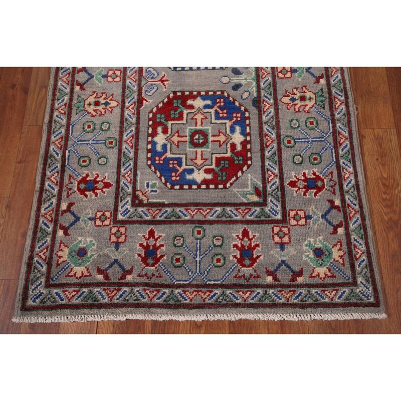 Gray Geometric Kazak Runner Rug Hand-Knotted Wool Carpet - 2'9" x 12'8"
