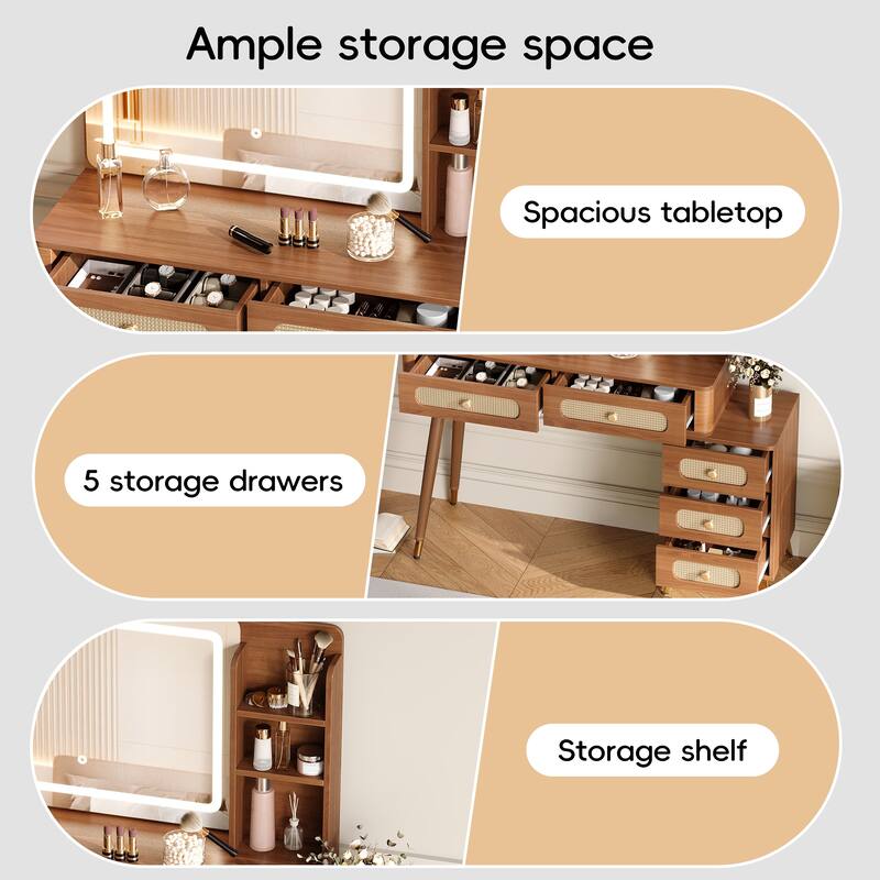 Makeup Vanity with Mirror & Lights, 3 Color Lighting Modes Adjustable Brightness, Dressing Table with 5 Drawers & Storage Shelf