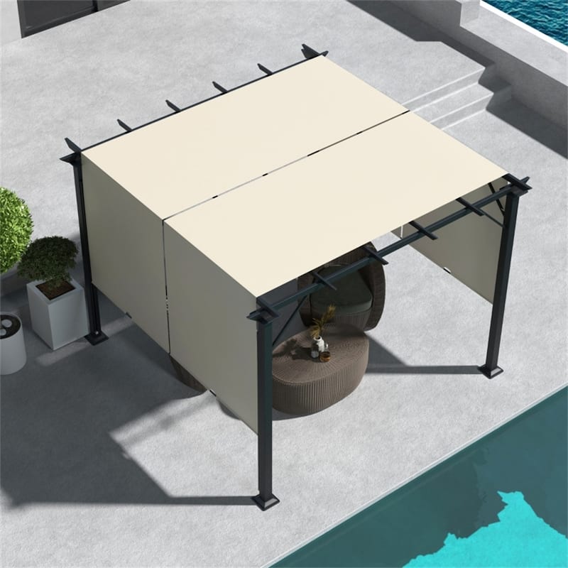 Steel Pergola with Sliding UV Resistant Canopy Outdoor Patio Backyard Garden Shade - 10' L x 10' W x 7.2' H