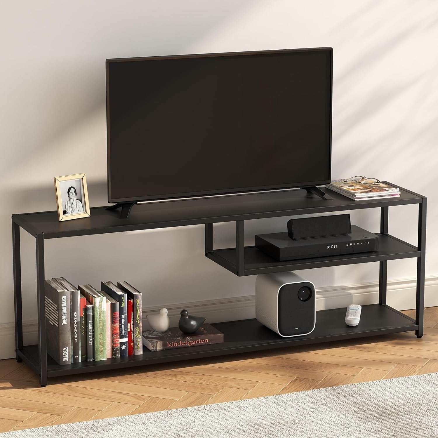 TV Stand for 65" with Storage Shelves, Metal Frame Entertainment Center, Living Room Console Table, Black