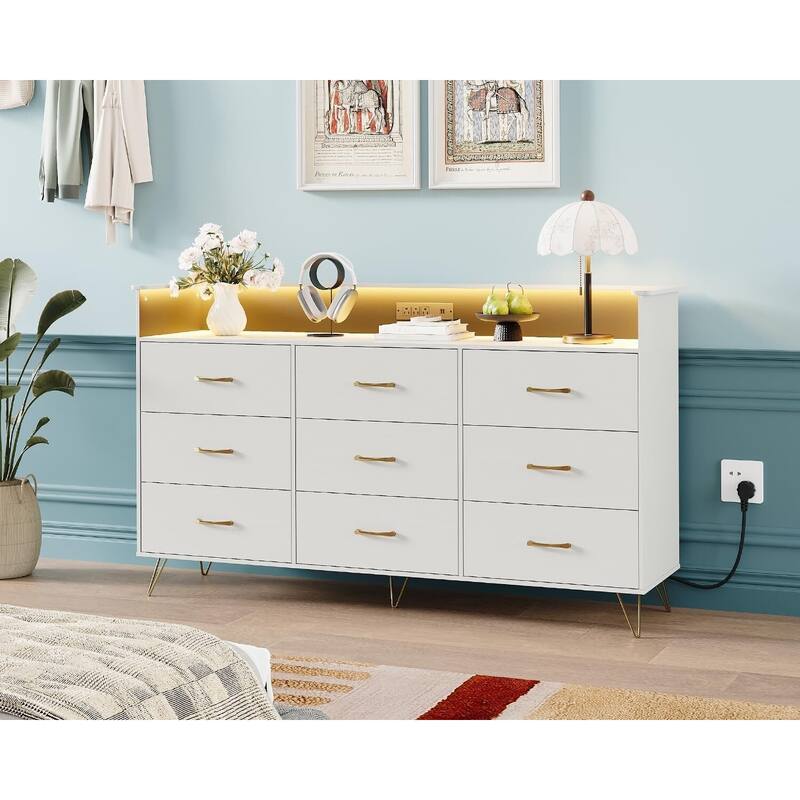 9-Drawer Dresser for Bedroom with Charging Station & RGB Lights - White