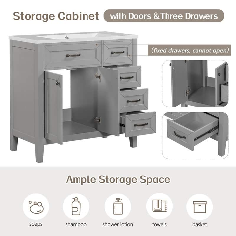 36" Bathroom Vanity with Sink Combo, Gray Bathroom Cabinet with Drawers, Solid Frame and MDF Board, Grey