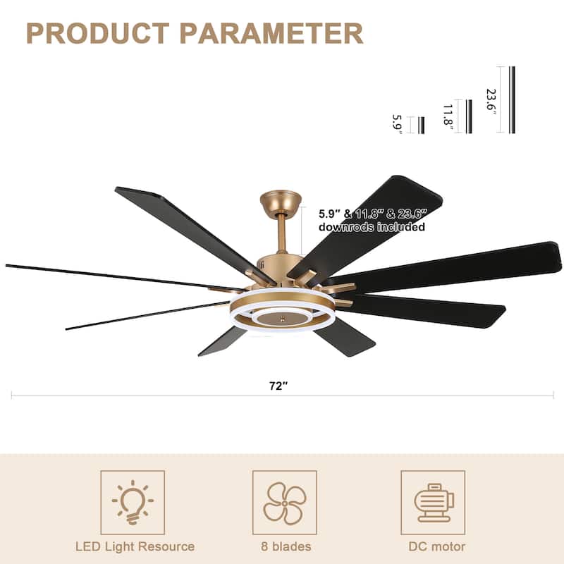 Bella Depot 72" Modern Large Ceiling Fan 6-speed Reversible with Dimmable Light and Remote for Family Room