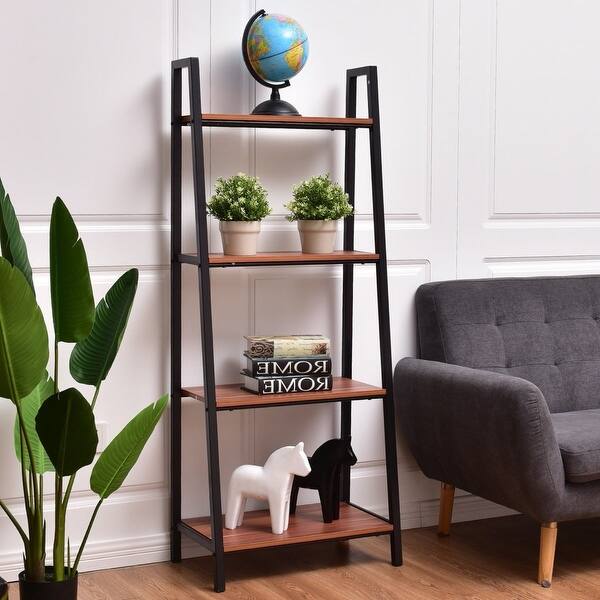 Shop Black Friday Deals On Ladder Style 4 Shelf Bookcase In Black Steel Walnut Wood Finish Overstock 29063678