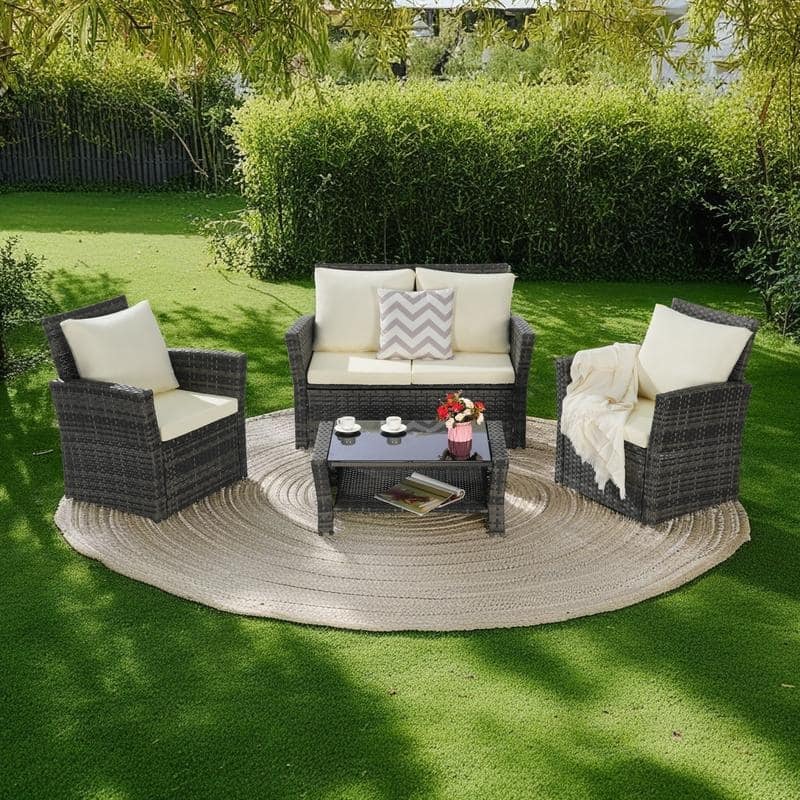 4-Piece Outdoor Patio Rattan Conversation Sofa Set with Tempered Glass Coffee Table - Beige