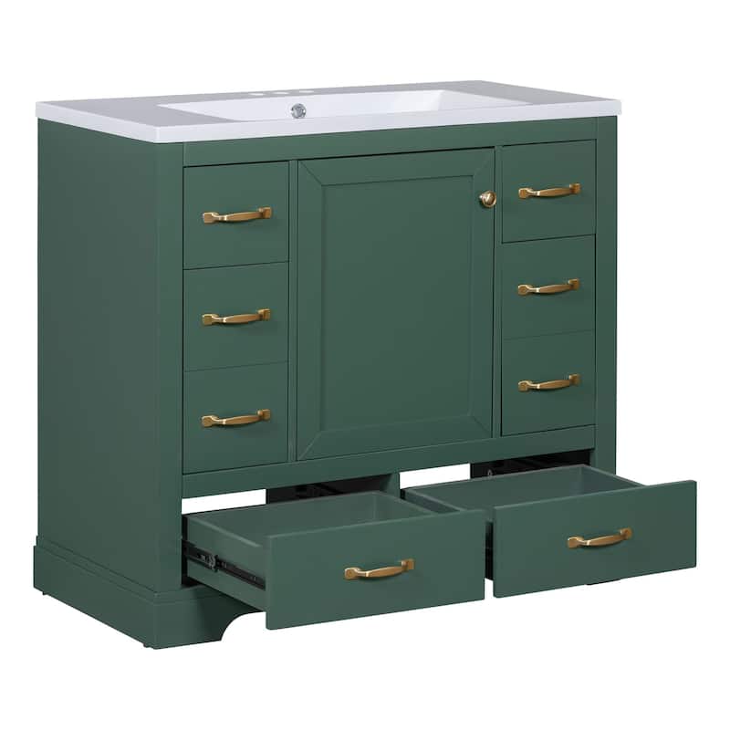 36" Bathroom Wood Storage Vanity Cabinet with Ceramic Sink, 6 Drawers