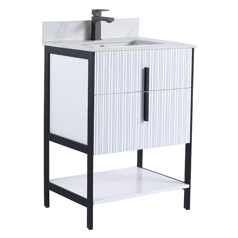 Fine Fixtures Serenity Modern Bathroom Vanity with White Carrara Stone Top - White Matte - Black Hardware - 24 inch