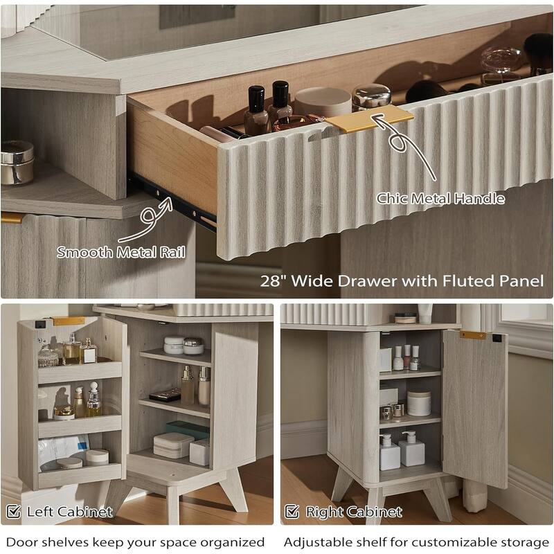 Modern Fluted Makeup Vanity Desk with 3 Way Mirror&Light, Vanity Table