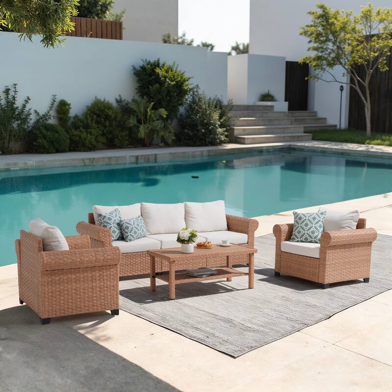 Outdoor 4-Piece Garden Patio Sofa Set, with Three-Seater Sofa