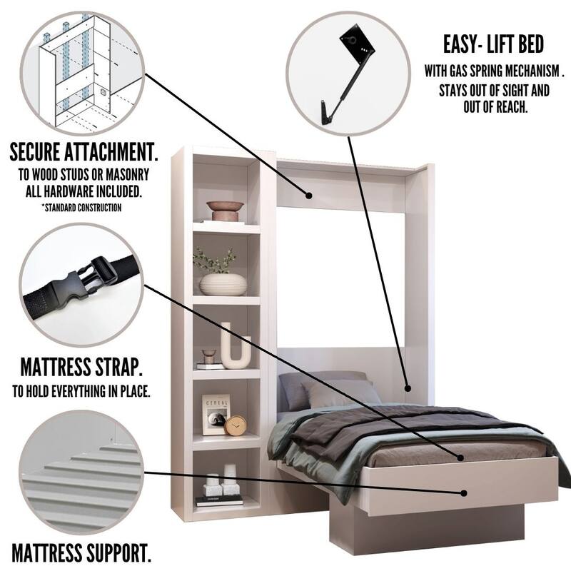 Easy-Lift Twin Murphy Wall Bed in with Bookshelf