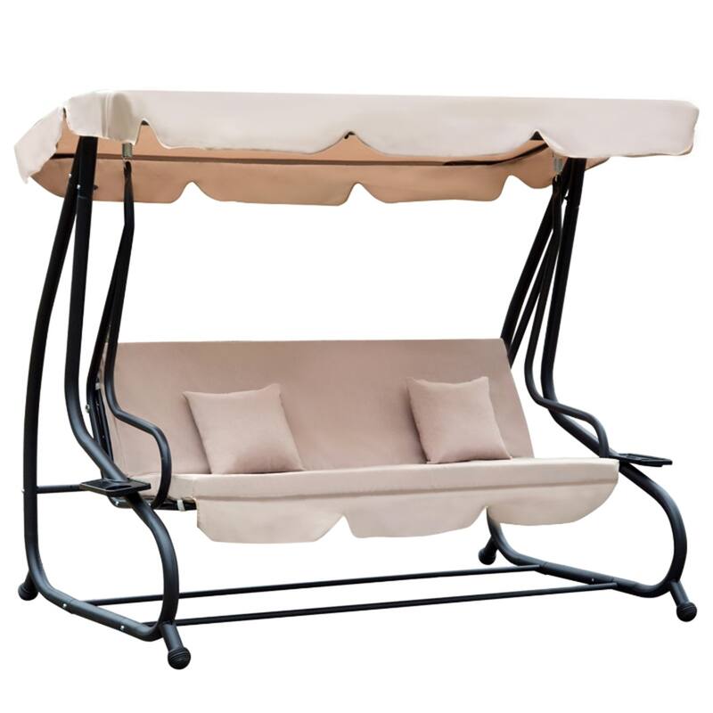 Convertible Patio Swing Bench with Steel Frame and Soft Cushions Pillows Canopy and Cup Holders - 78.75" L x 47.25" W x 64.5" H