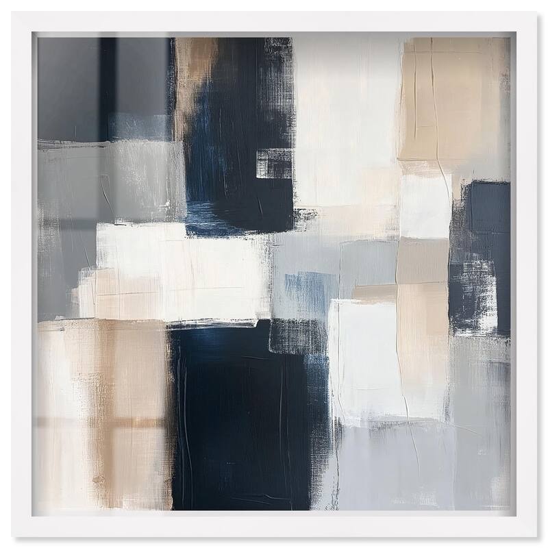 Blue and Tan Abstraction I Shadowbox by Art Remedy - White - 16" x 16"