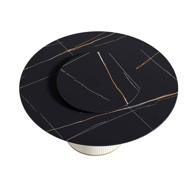 59'' Modern Round Dining Table for 8, Black Sintered Stone Tabletop with Lazy Susan