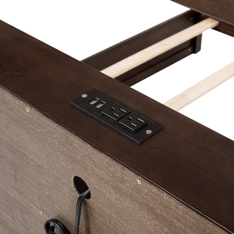 Bunk Bed with Built-in Storage Cabinets and Charging Station,Queen Over Queen