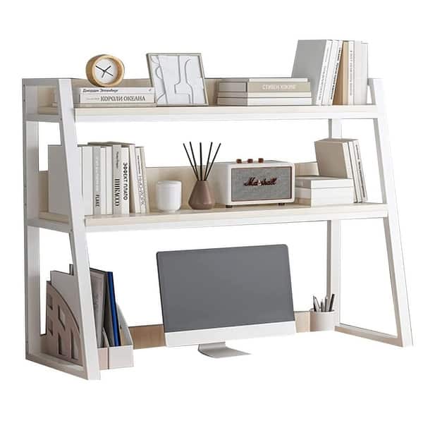 Desktop Bookshelf Hutch – White, 32” Length, 3-Tier Wood Organizer For Desk, Dorm, Office, Multi-Use Storage
