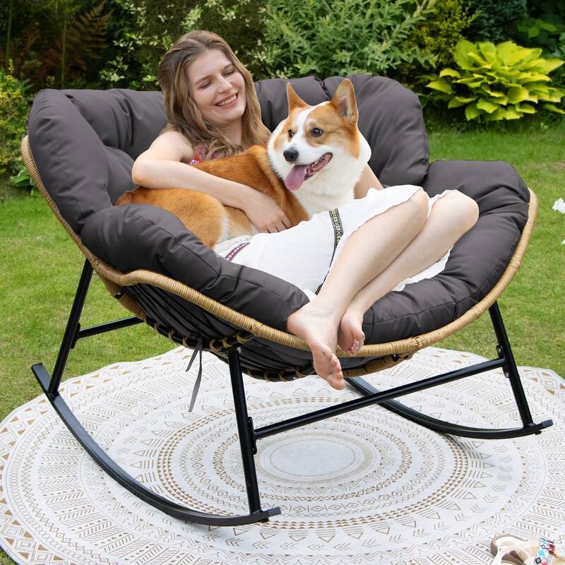 FINCATI Indoor Outdoor Royal Papasan Rocking Chair, 450 lbs Capacity Outdoor Papasan Rocking Chair with Padded Cushion
