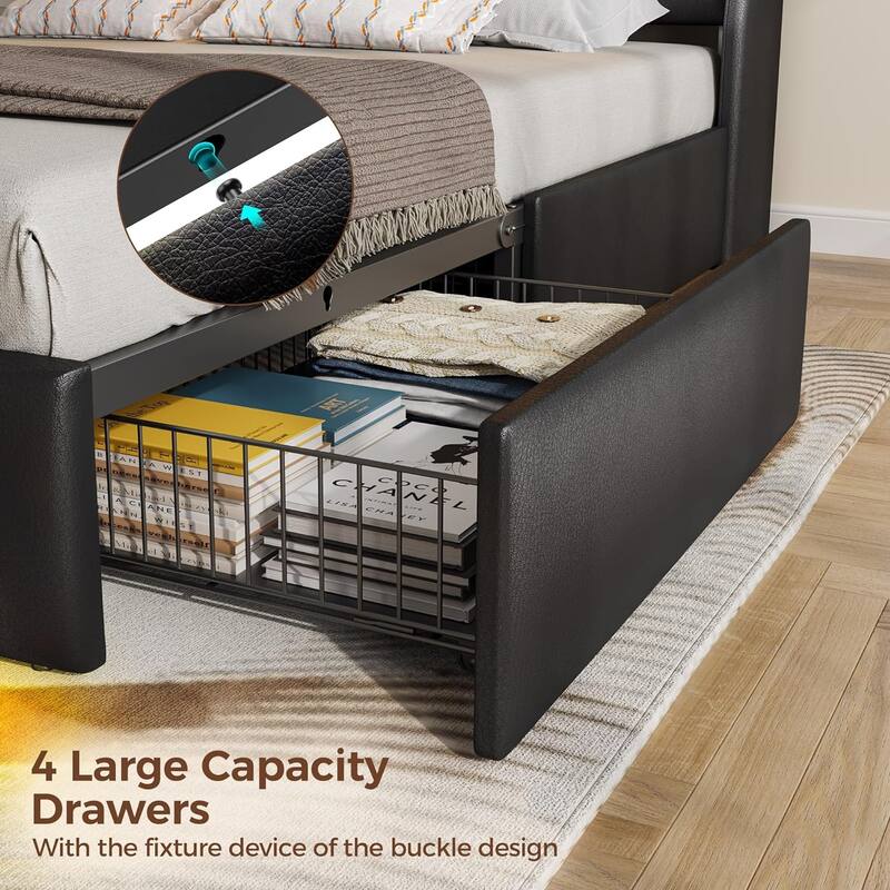 Bed Frame with Upholstered Headboard and 4 Drawers,Plateform Bed with Charging Station and RGB LED Lights