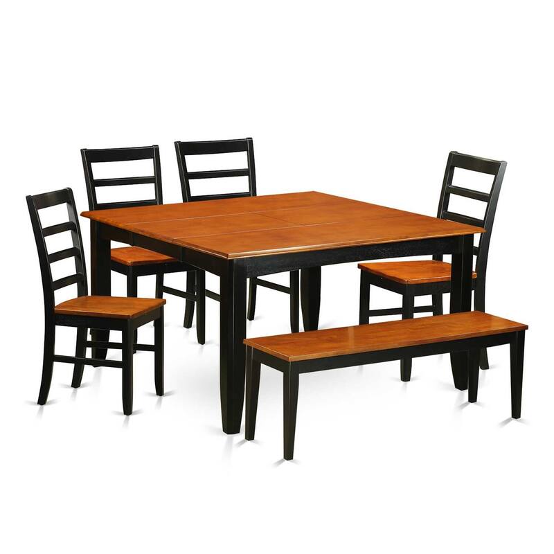 HomeStock 6-Piece Rectangle Black Finish Solid Wood Top Dining Table with 1 Bench, 4 Chairs with Lattice Back