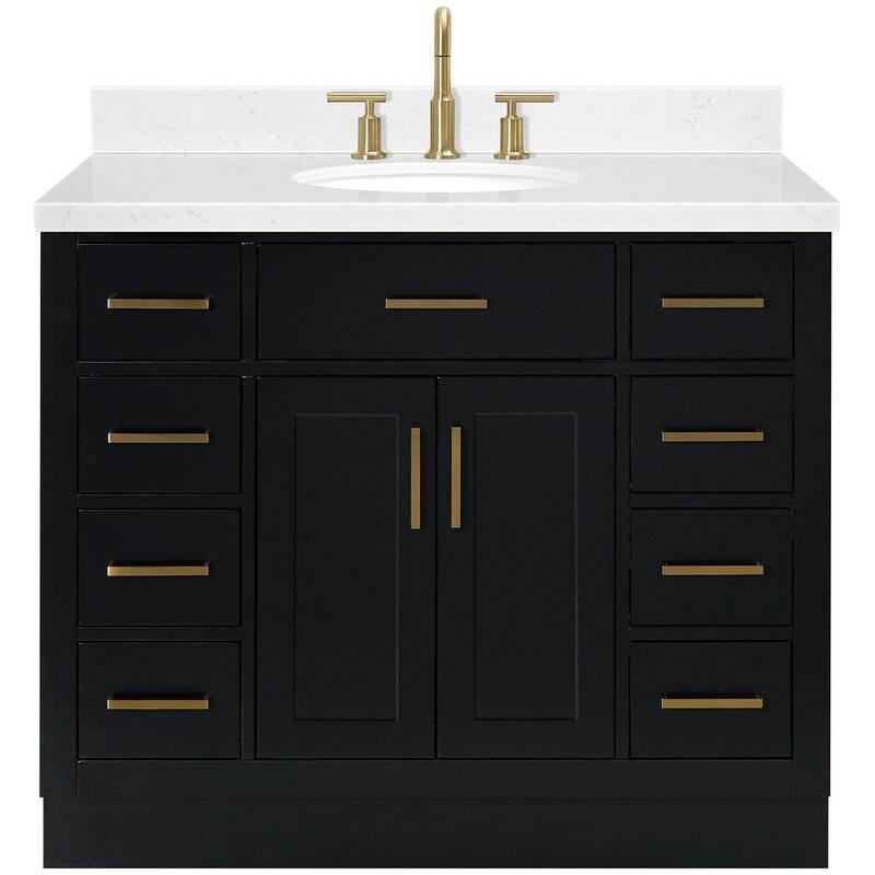 Ariel T042SCQOVO Hepburn 42" Free Standing Single Oval Basin Vanity - Black / Carrara White Quartz / Satin Brass