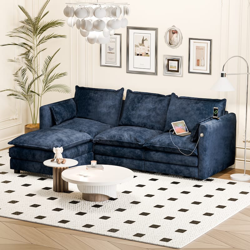 Modular Sectional Sofa L Shaped Couch, 3/4 Seat Sofa Set with Ottoman, Chenille Fabric - Blue-4 Seat