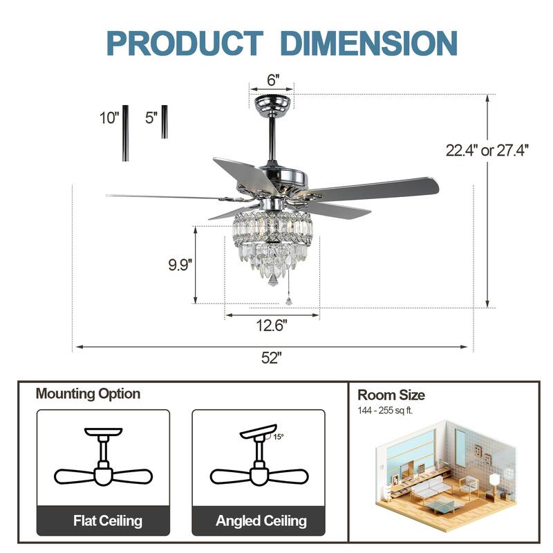 CurveCurio 52-inch Classic Ceiling Fan with Crystal Light Shade, 3 Light, Remote Control and Pull Chain Control for Living Room
