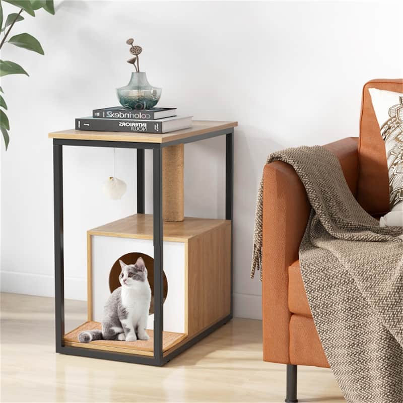 26"H Cat Coffee Table Cat Furniture Tail Table Cat House With Scratching Post - 24" x 14" x 26" (L x W x H)