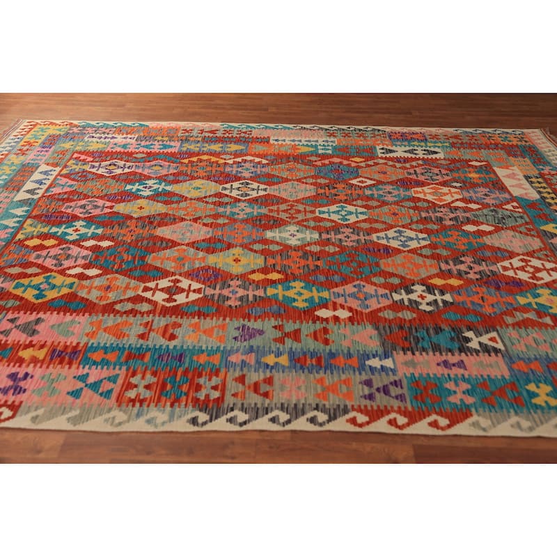 Geometric Kilim Oriental Area Rug Hand-Woven Living Room Wool Carpet - 8'3"x 11'2"