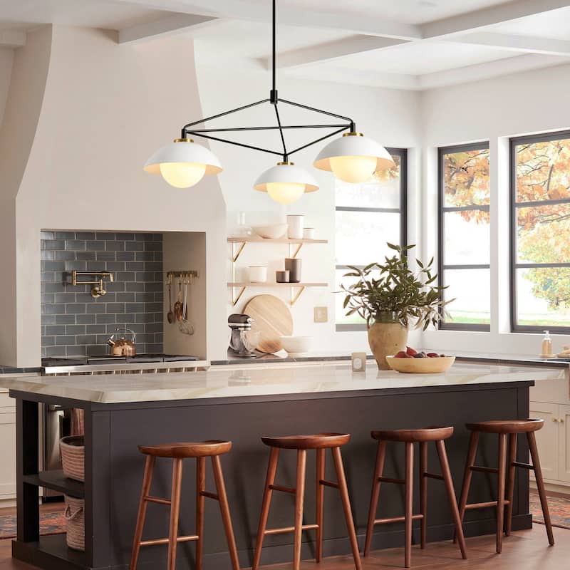 3-Light 41.9" W Mid-Century Modern Matte Black Dome Geometric Metal Chandelier with Opal Glass Globe Shades