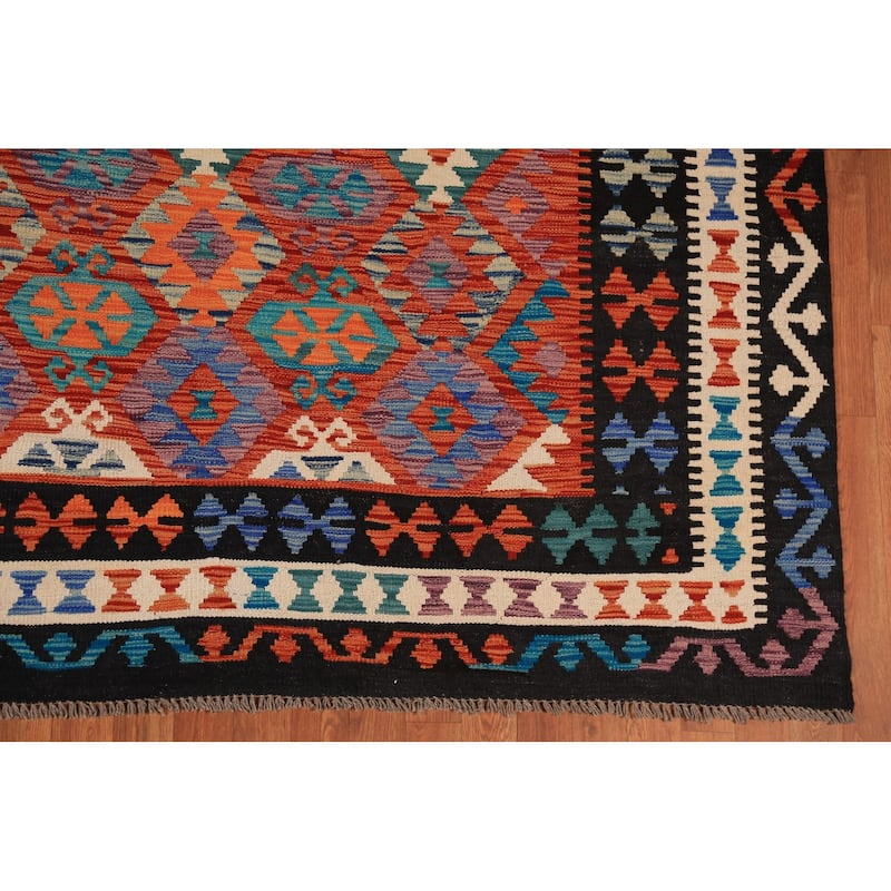 Reversible Orange Kilim Oriental Area Rug Flatweave Wool Carpet - 10'1" x 12'9"