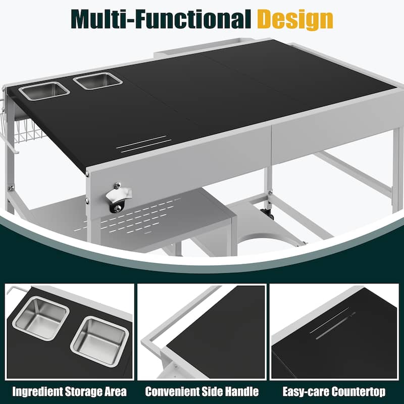 Outdoor Metal Bar Cart with Multifunctional Storage - N/A