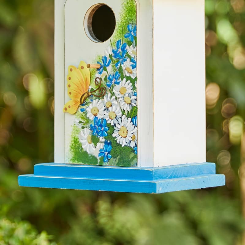 Glitzhome 11.75"H Distressed Solid Wood Daisy with Butterfly Birdhouses