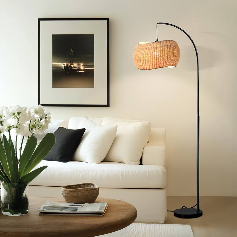 Brightech Wave 81 in. Mid-Century Modern LED Super Bright Floor Lamp with Beige Bamboo Drum Shade - Classic Black