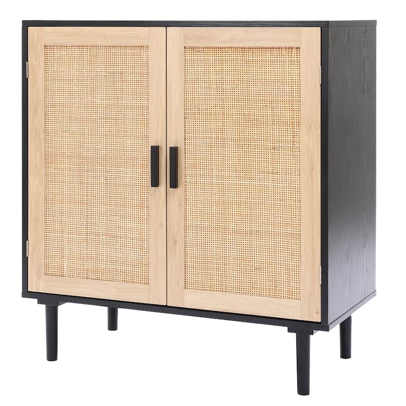 2-Door Rattan Storage Cabinet-Light Oak and Black Wood