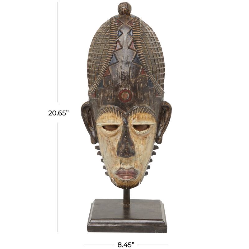 Polystone Mask African Tribal Sculpture with Cream and Rust Accents - Brown - Roche River Decor - 6"W x 8"L x 21"H