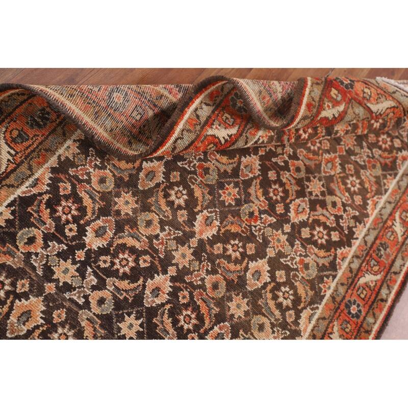 Brown Hamedan Persian Vintage Runner Rug Handmade Wool Carpet - 3'4"x 10'5"