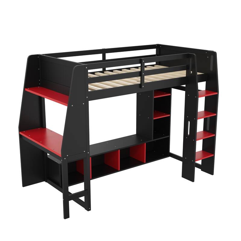 Roomfitters Twin/Full Gaming Loft Bed with Desk, Hanging Rack and LED Lights, Black and Red