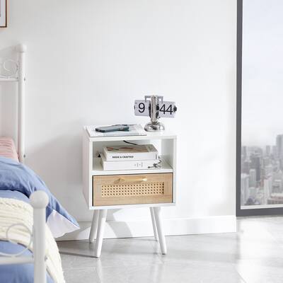 15.75"W Modern Rattan Nightstand with Power Outlet and USB Ports