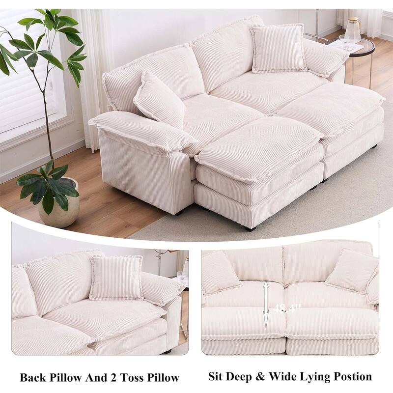 Modern 2-Seater Corduroy Sofa with 4 Support Pillows and 2 Ottomans