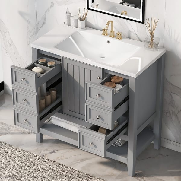 slide 2 of 30, 36" Bathroom Vanity with Sink Combo, One Cabinet and Three Drawers, Solid Wood and MDF Board