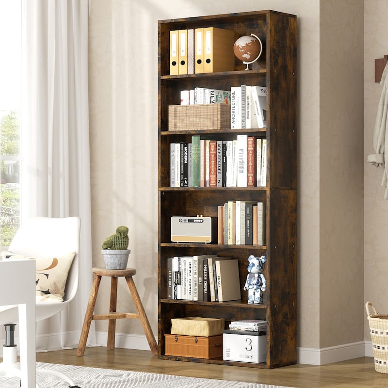 6-Tier Wooden Bookshelf - Rustic Storage Shelf for Living Room, Office & Bedroom , Easy Assembly - Brown
