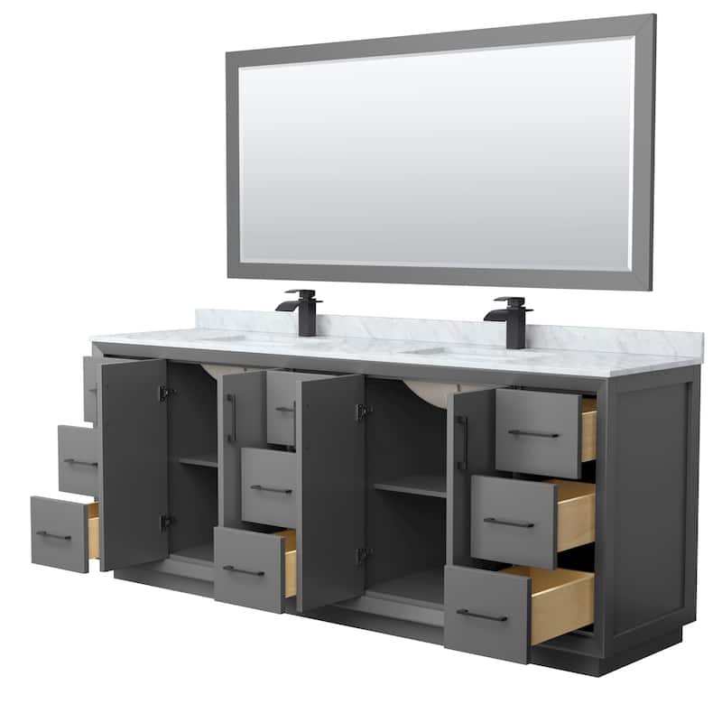 Strada 84-Inch Double Vanity Set, Carrara Marble Top, 70-Inch Mirror