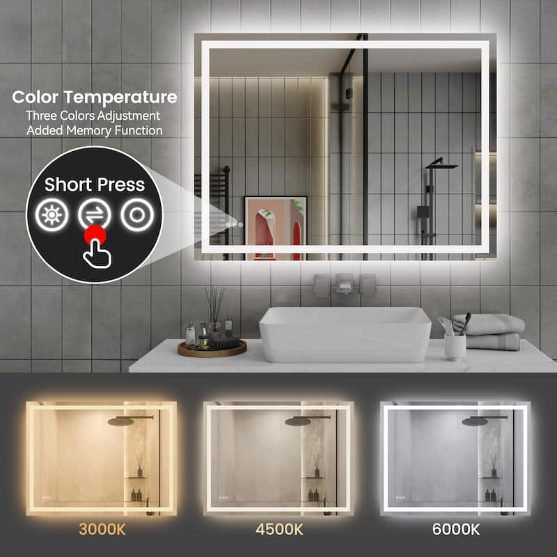 Clear LED Bathroom Mirror with Aluminum Frame, Anti-Fog and Dimming - 48” x 36”
