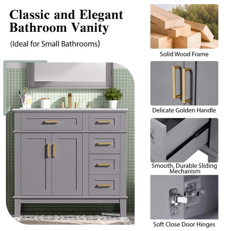 36" Modern Bathroom Vanity with Ceramic Sink, Soft Close Doors, 4 Drawers for Storage